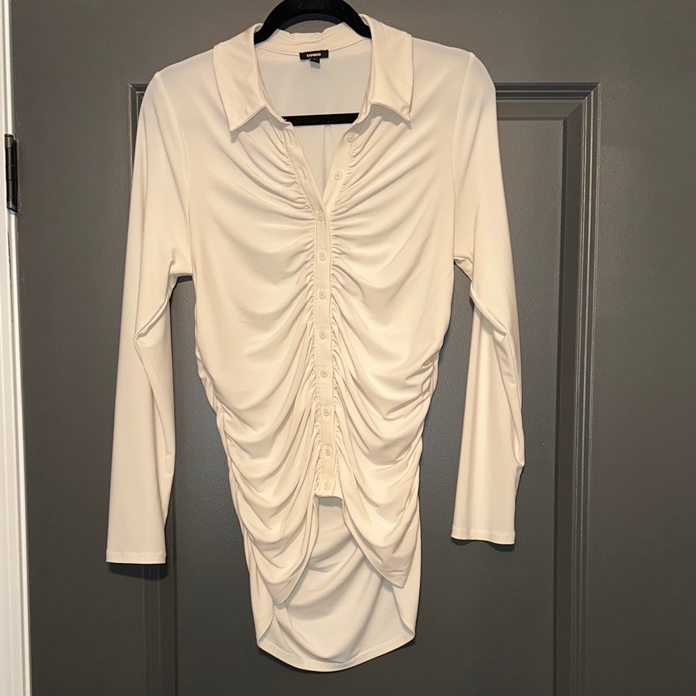Express Ivory Ruched Button Down Blouse